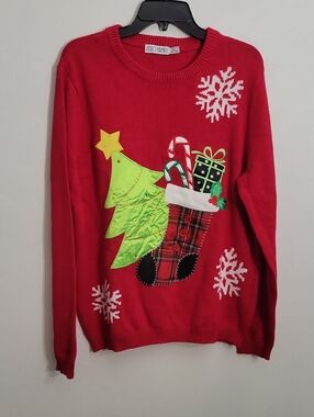 Retro Threads Red Holiday Crewneck Sweater with Festive Appliqué